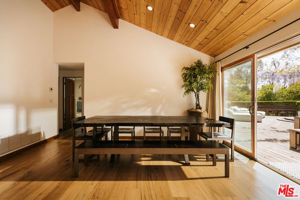 Dining room, Interior, Recessed Lighting, Wooden Beams, Wooden Ceilings, Wood Texture Flooring