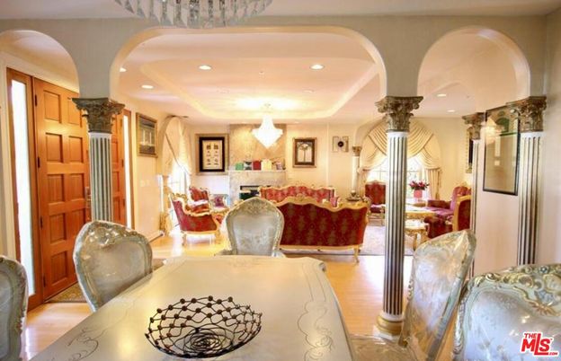 Chandelier, Dining room, Fireplace, Interior, Living room, Recessed Lighting, Wood Texture Flooring