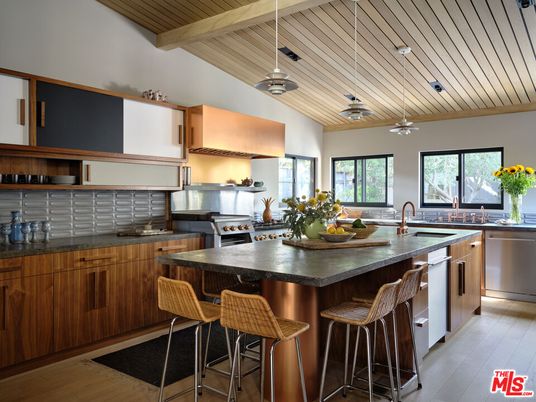 Interior, Kitchen, Pendant Lights, Stainless Steel Appliances, Wooden Beams, Wooden Ceilings, Wood Texture Flooring
