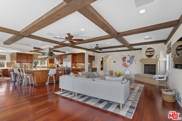 Fireplace, Interior, Kitchen, Living room, Recessed Lighting, Stainless Steel Appliances, Wooden Beams, Wood Texture Flooring