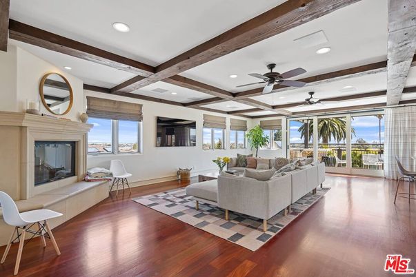 Fireplace, Interior, Living room, Recessed Lighting, Wooden Beams, Wood Texture Flooring