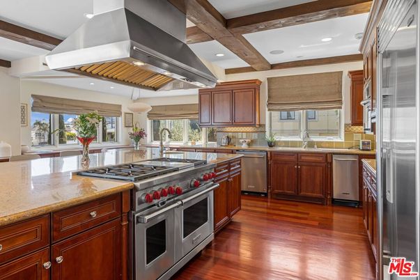 Interior, Kitchen, Pendant Lights, Recessed Lighting, Stainless Steel Appliances, Wooden Beams, Wood Texture Flooring