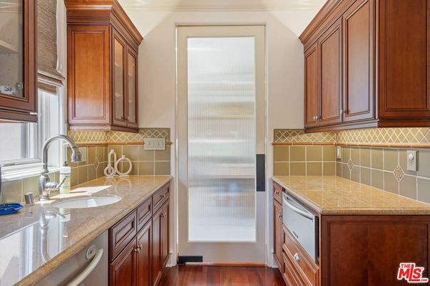 Interior, Kitchen, Tile Countertops, Wood Texture Flooring