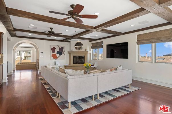 Fireplace, Interior, Living room, Recessed Lighting, Wooden Beams, Wood Texture Flooring
