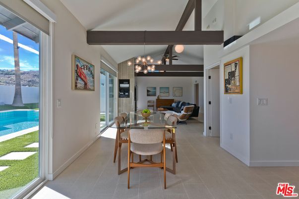 Dining room, Interior, Living room, Pendant Lights, Water, Wooden Beams