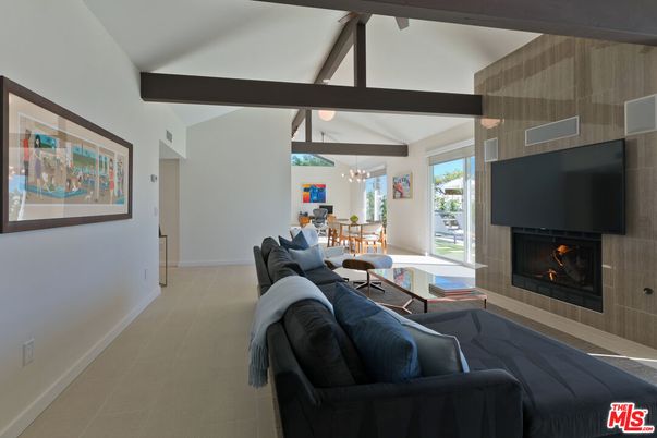 Chandelier, Dining room, Fireplace, Interior, Living room, Wooden Beams