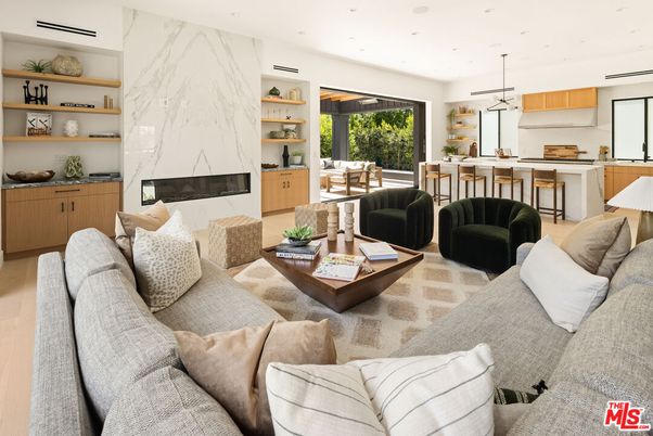 Dining room, Fireplace, Interior, Kitchen, Living room, Marble Walls, Pendant Lights, Recessed Lighting, Wood Texture Flooring