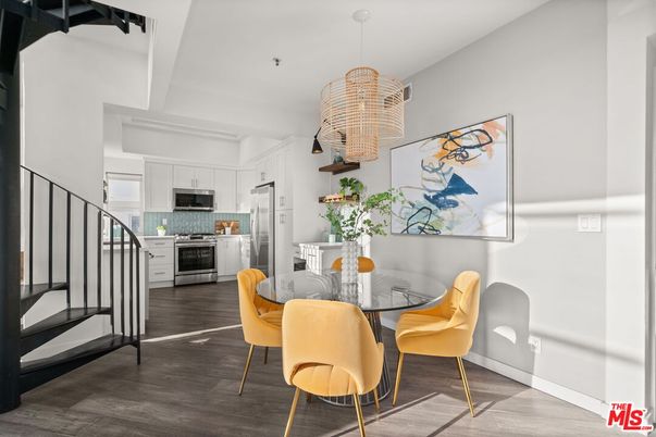 Dining room, Interior, Kitchen, Pendant Lights, Stainless Steel Appliances, Wood Texture Flooring