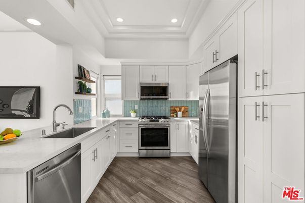 Interior, Kitchen, Recessed Lighting, Stainless Steel Appliances, Wood Texture Flooring