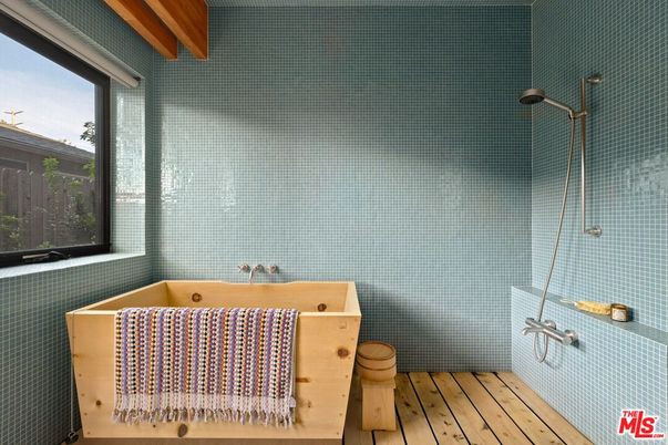 Bathroom, Glass Shower, Interior, Wooden Beams, Wood Texture Flooring