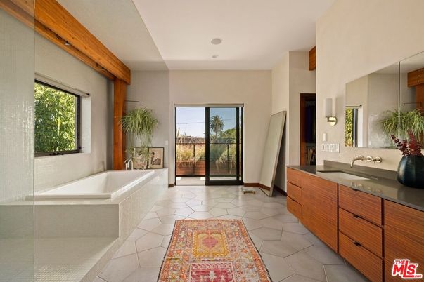 Bathroom, Glass Shower, Interior, Recessed Lighting, Wooden Beams