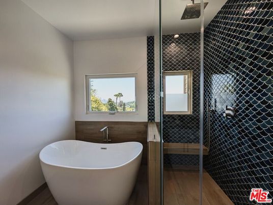Bathroom, Free Standing Baths, Glass Shower, Interior, Wood Texture Flooring
