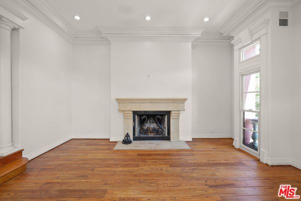 Empty room, Fireplace, Interior, Recessed Lighting, Wood Texture Flooring