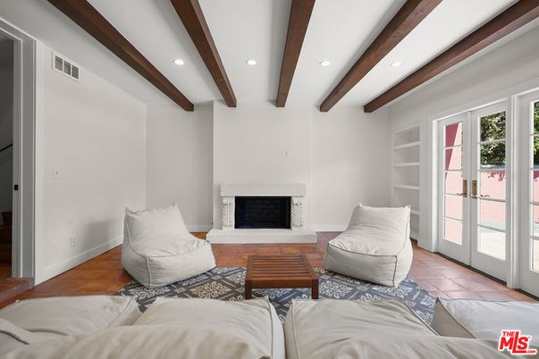 Fireplace, Interior, Living room, Recessed Lighting, Wooden Beams