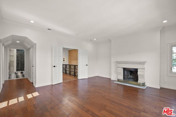 Empty room, Fireplace, Interior, Recessed Lighting, Wood Texture Flooring