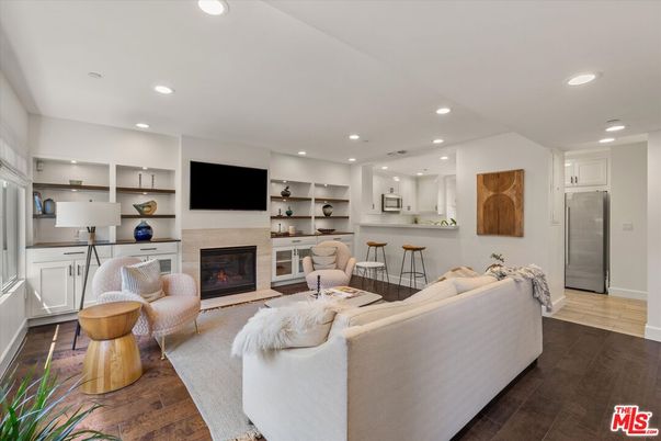 Fireplace, Interior, Kitchen, Living room, Recessed Lighting, Wood Texture Flooring