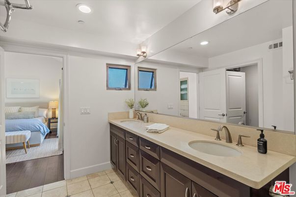 Bathroom, Bedroom, Dual Sink Vanities, Interior, Recessed Lighting, Wood Texture Flooring