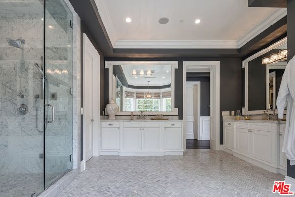 Bathroom, Dual Sink Vanities, Glass Shower, Interior, Marble Walls, Recessed Lighting