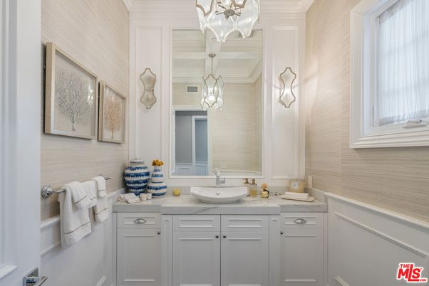 Bathroom, Chandelier, Dual Sink Vanities, Interior, Pendant Lights