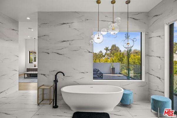 Bathroom, Free Standing Baths, Interior, Marble, Marble Walls, Pendant Lights, Recessed Lighting