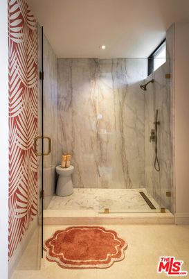 Bathroom, Glass Shower, Interior, Marble Walls, Recessed Lighting