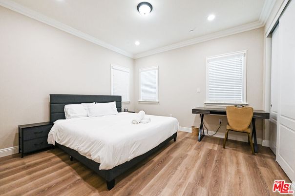 Bedroom, Interior, Recessed Lighting, Wood Texture Flooring