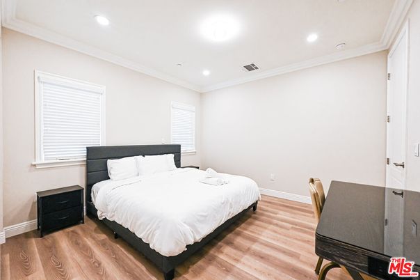 Bedroom, Interior, Recessed Lighting, Wood Texture Flooring