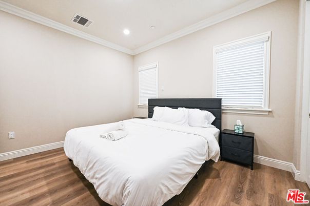 Bedroom, Interior, Recessed Lighting, Wood Texture Flooring