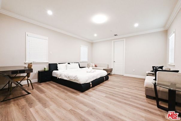 Bedroom, Interior, Recessed Lighting, Wood Texture Flooring