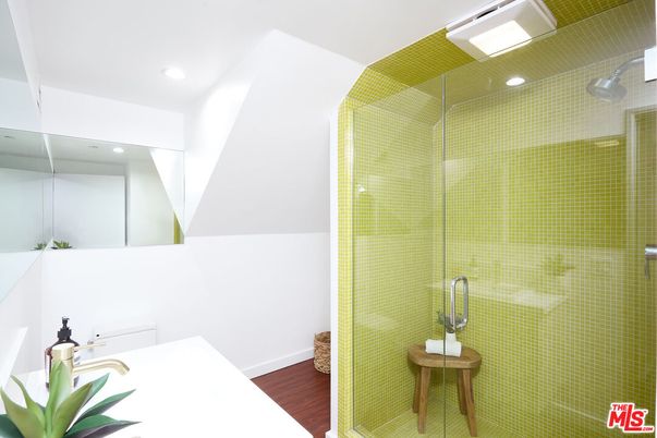 Bathroom, Glass Shower, Interior, Recessed Lighting, Wood Texture Flooring