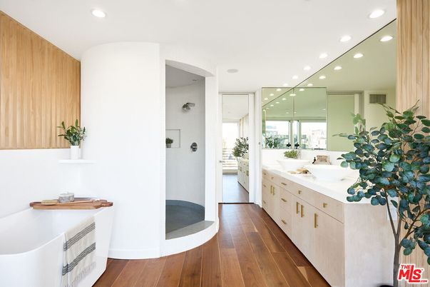 Bathroom, Dual Sink Vanities, Interior, Recessed Lighting, Wood Texture Flooring