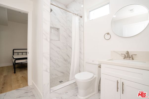 Bathroom, Glass Shower, Interior, Marble, Marble Walls, Wood Texture Flooring
