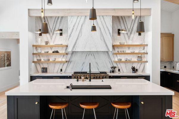 Interior, Kitchen, Marble Walls, Pendant Lights, Wood Texture Flooring