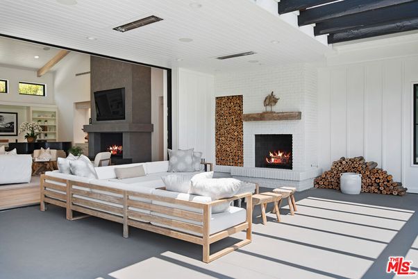 Fireplace, Interior, Living room, Recessed Lighting, Stone Walls, Wooden Ceilings