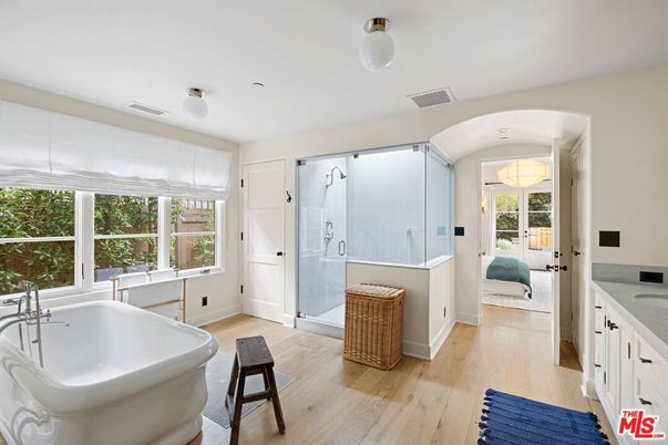 Bathroom, Free Standing Baths, Glass Shower, Interior, Wood Texture Flooring