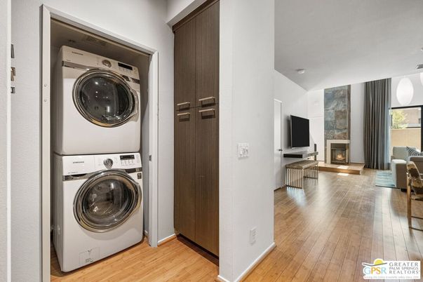 Fireplace, Interior, Utility Closets, Washer, Wood Texture Flooring