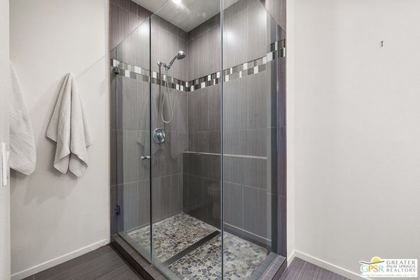 Bathroom, Glass Shower, Interior, Recessed Lighting, Wood Texture Flooring