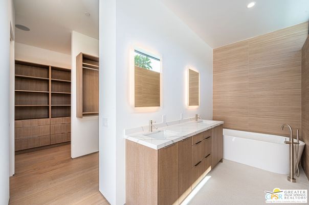 Bathroom, Dual Sink Vanities, Interior, Recessed Lighting, Wood Texture Flooring