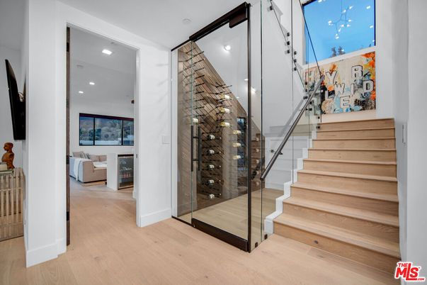 Interior, Living room, Recessed Lighting, Wine Storage, Wood Texture Flooring