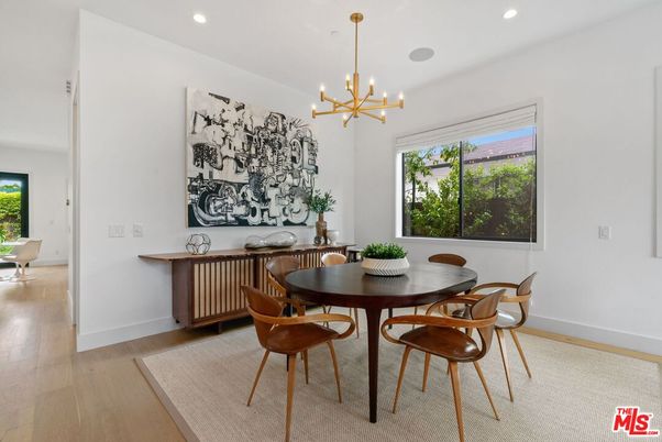 Dining room, Interior, Pendant Lights, Recessed Lighting, Wood Texture Flooring