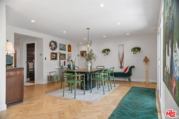 Dining room, Interior, Pendant Lights, Recessed Lighting, Wood Texture Flooring