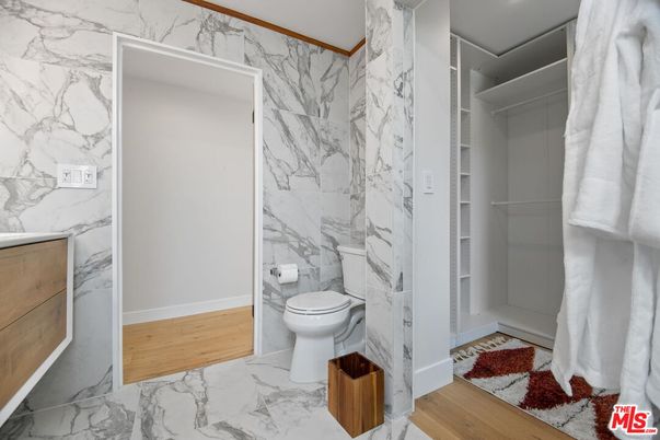 Bathroom, Interior, Marble, Marble Walls, Recessed Lighting, Wood Texture Flooring
