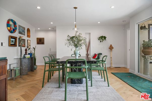 Dining room, Interior, Pendant Lights, Recessed Lighting, Wood Texture Flooring