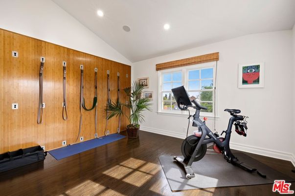 Fitness Equipment, Interior, Recessed Lighting, Wood Texture Flooring, Wooden Walls