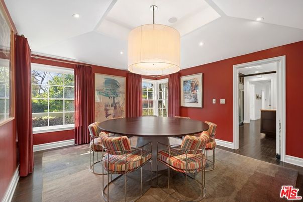 Dining room, Interior, Pendant Lights, Recessed Lighting, Wood Texture Flooring