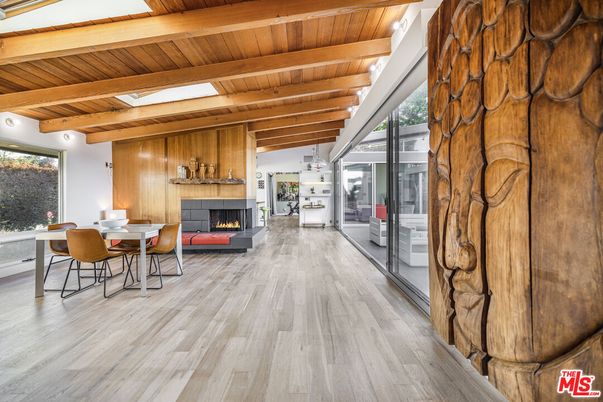 Dining room, Fireplace, Interior, Wooden Beams, Wooden Ceilings, Wood Texture Flooring, Wooden Walls