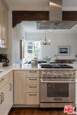 Chandelier, Interior, Kitchen, Stainless Steel Appliances, Wood Texture Flooring