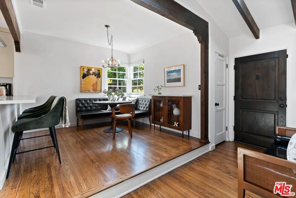 Chandelier, Dining room, Interior, Wooden Beams, Wood Texture Flooring
