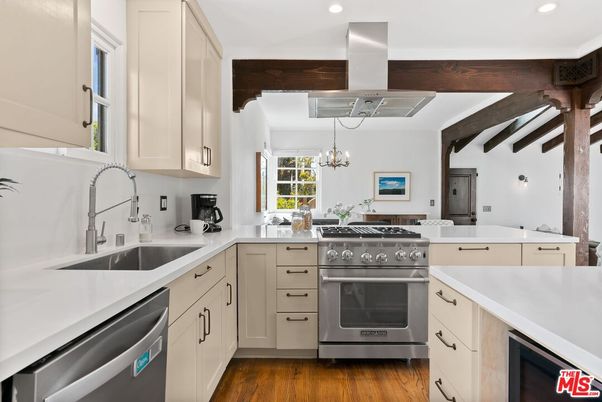 Chandelier, Interior, Kitchen, Pendant Lights, Recessed Lighting, Stainless Steel Appliances, Wooden Beams, Wood Texture Flooring