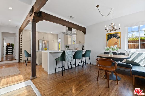 Chandelier, Dining room, Interior, Kitchen, Recessed Lighting, Stainless Steel Appliances, Wood Texture Flooring